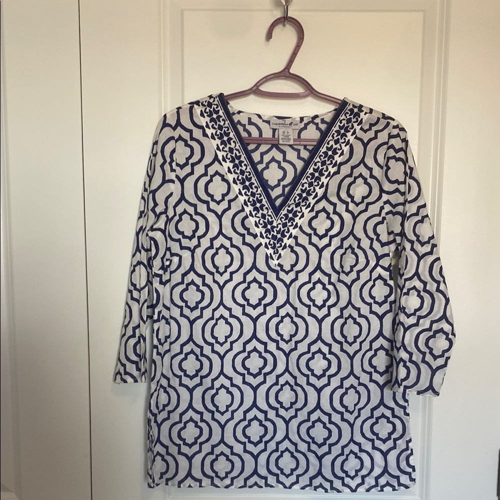 NWT Carribean Joe Blue and White‎ Patterned Top